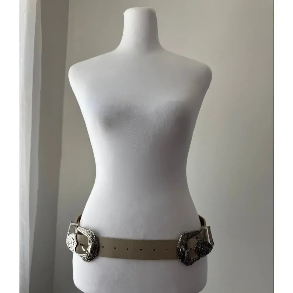 Taupe Double Silver Buckle Elasticized Back Belt